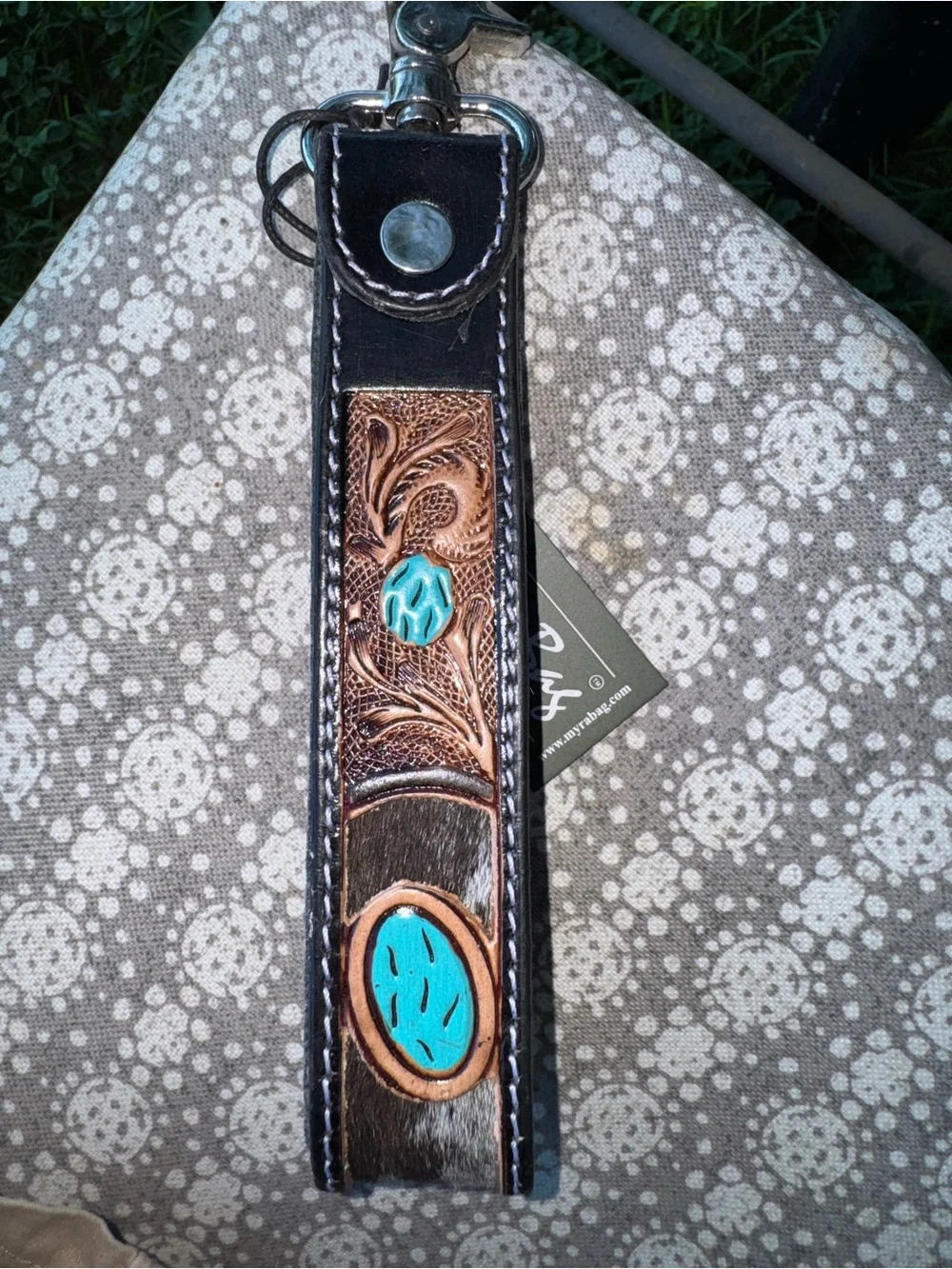 MYRA TALLIN BLOOM HANDTOOLED LEATHER KEYFOB IN SADDLE SKY - Picture 3 of 4